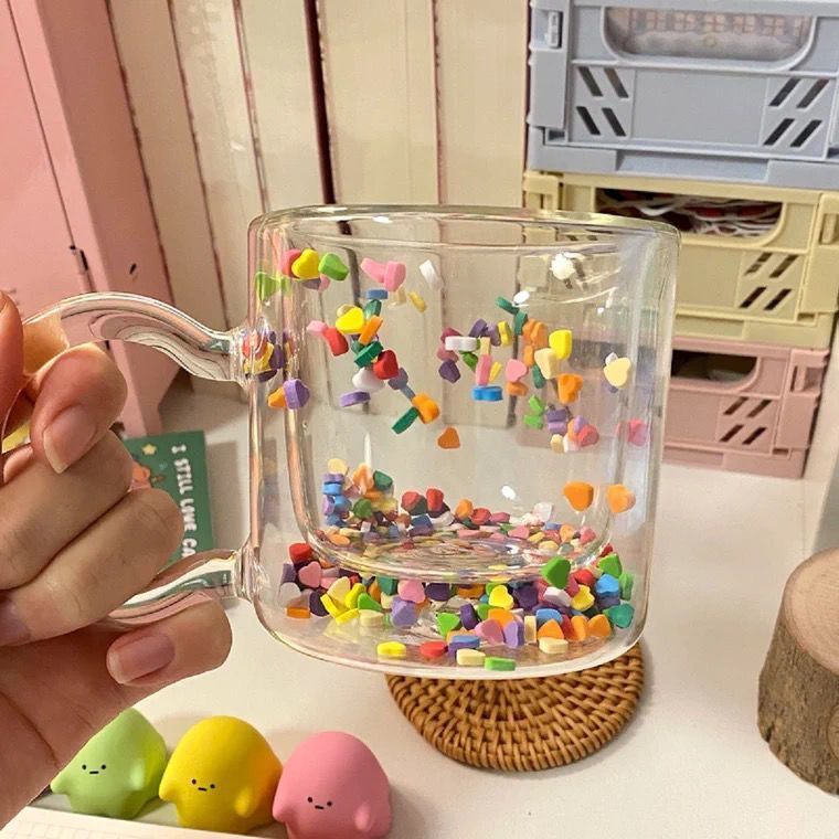 Ins High-Value Cute Glass Heart Milk Household Flowing Sand Double-Layer Creative Water Cup Mug_voghion.com