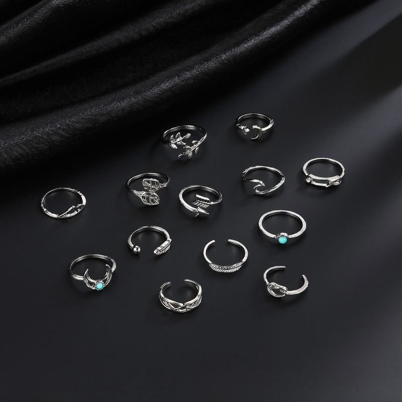New Bohemian Leaf Moon Arrow Turquoise 13 Piece Set Ring_voghion.com
