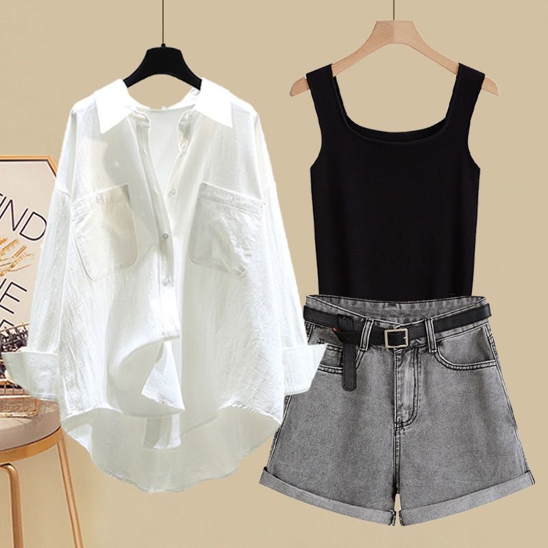 Ropa de mujer, tallas grandes, trajes de verano para mujer, novedad de 2024, camiseta con protección solar, chaleco, pantalones cortos vaqueros ajustados que combinan con todo, traje de tres piezas_voghion.com