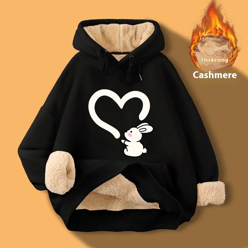 Hooded lamb shoulder black hooded sweatshirt for autumn winter, with thickened and extra thick one-piece fleece_voghion.com