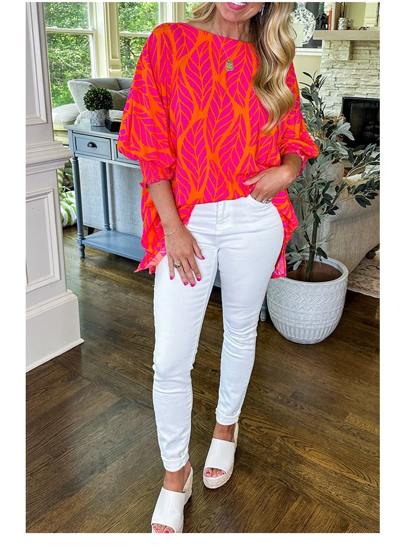 Shiying Autunno Nuovo Fiore Stampato Girocollo Camicia in Chiffon Donna, Felpa con Cappuccio con Decorazione a Balze alla Moda, Top a Sette Maniche_voghion.com