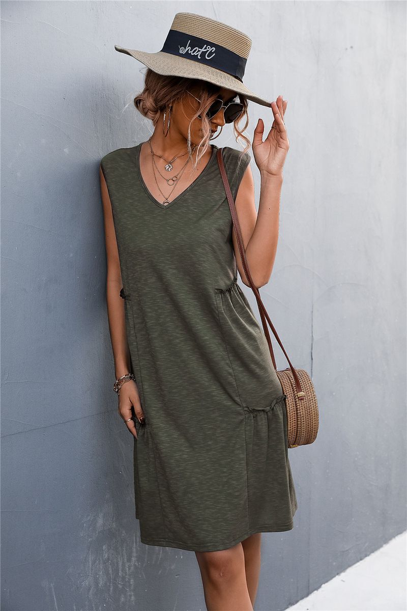 2023 frühjahr/Sommer Neue Solide V-ausschnitt Ärmelloses Tank Top Gestrickte Kleid Kurzen Rock_voghion.com