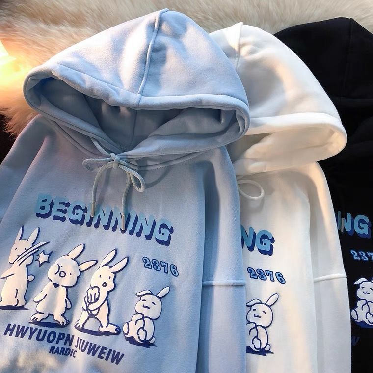 Felpa con cappuccio a forma di coniglietto per donna e uomo, stile casual, foderata in pile, stile autunnale e invernale, per coppie_voghion.com