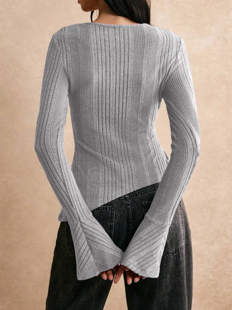 Autumn Winter New Women's Solid Color Casual Fashion Trendy Ribbed Patchwork Long Sleeve Button T-Shirt_voghion.com