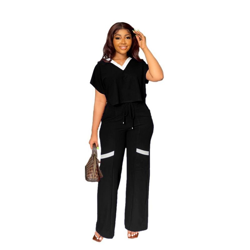 Ensemble deux pièces pour femme, t-shirt décontracté à manches courtes et pantalon de sport à jambe droite, couleur unie, été_voghion.com