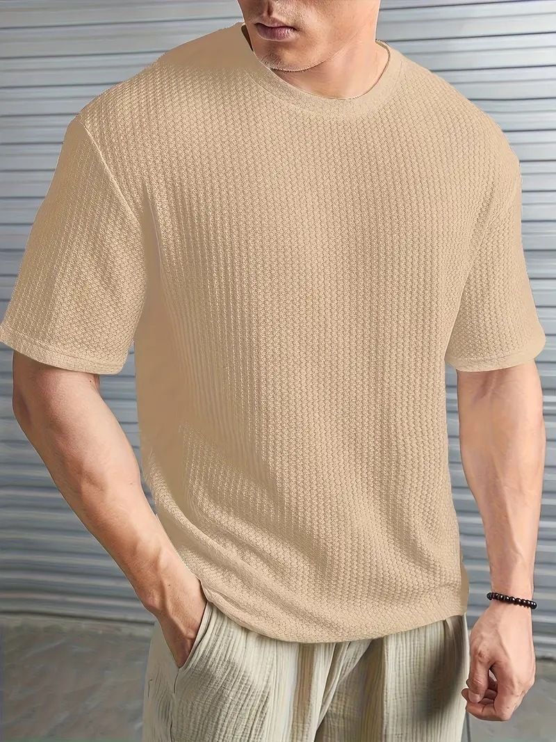 Maglietta da uomo a maniche corte in maglia a girocollo in jacquard tinta unita modello Xiyi Cross Border_voghion.com