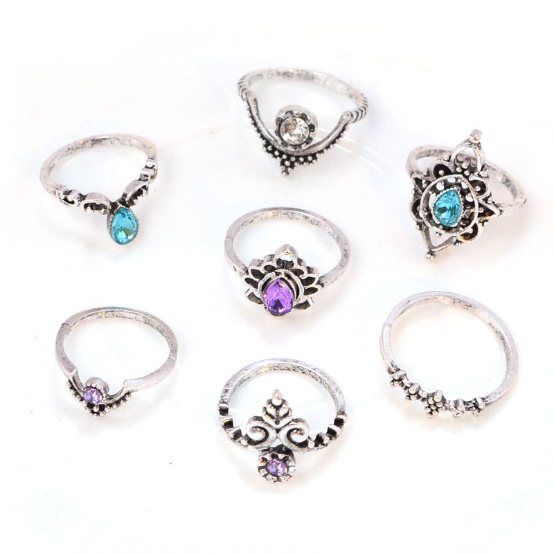 New exaggerated hollow carved lotus shaped 7-piece combination ring set_voghion.com