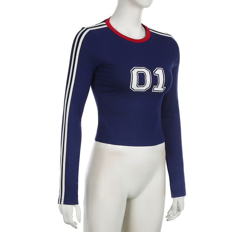 T-shirt da donna in stile retrò americano, vestibilità slim, girocollo, manica lunga, stampa a righe – Tessuto in maglia confortevole con design a blocchi di colore_voghion.com