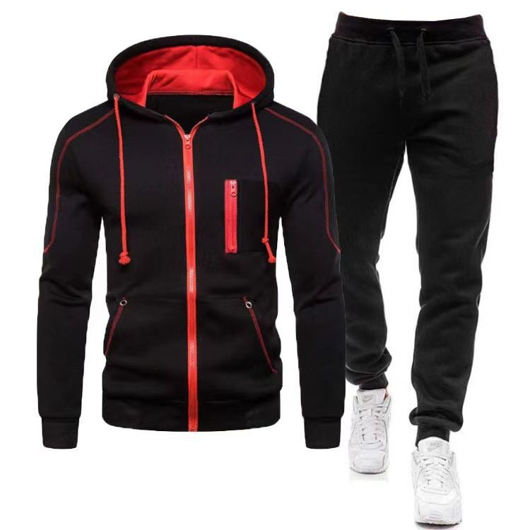 New Cardigan Zipper Hoodie Set Digital Casual Sports Solid Color Men's Sweatpants_voghion.com