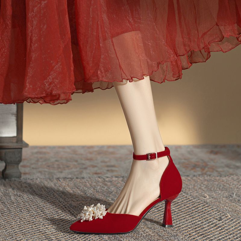 Chinese Style Xiuhe Red Wedding Pearl Flower Hollow High Heels, Spring And Summer New Styles, Detailed Order Shoes,_voghion.com