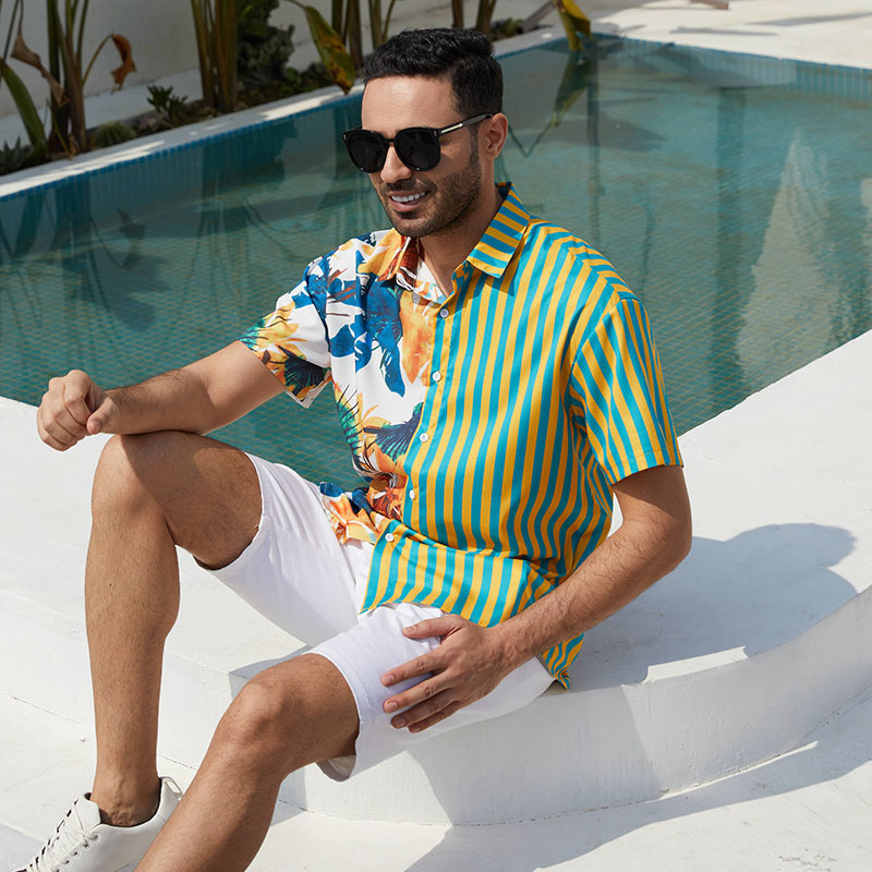 Camicia a maniche corte con stampa a contrasto a righe e motivo a cocco da uomo, modello 2025_voghion.com