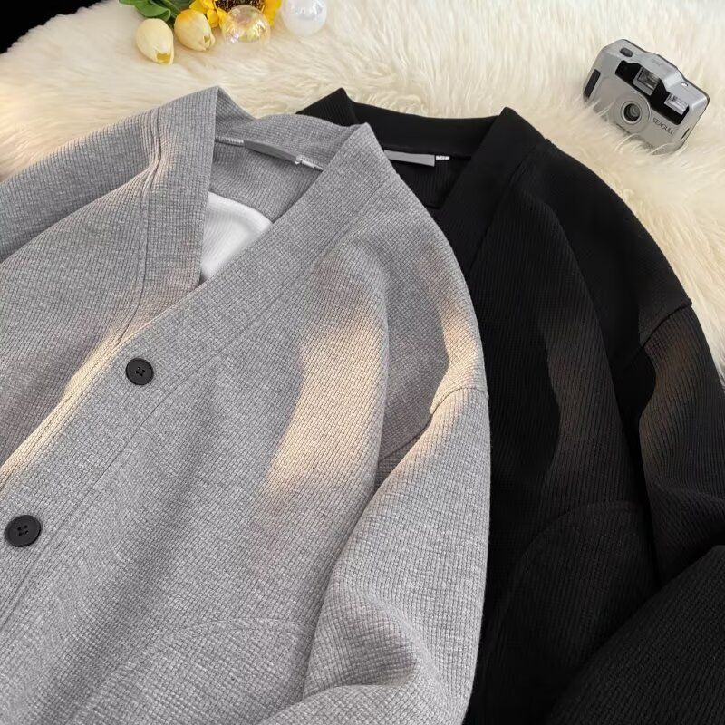 Autumn Winter New American Style Knitted Sweater Men's Loose V-Neck Cardigan Sweatshirt Trendy Casual Jacket Men_voghion.com