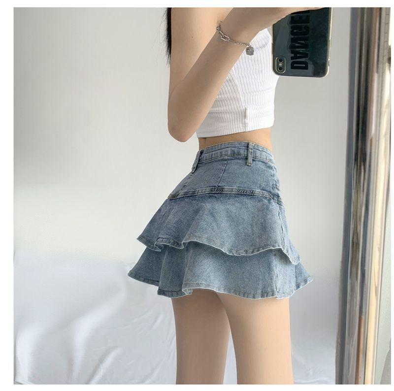 Damenbekleidung Jeansrock Weibliches Futterdesign Hohe Taille Schlanker A-Linien-Rüschen-Hüftrock Sommer_voghion.com