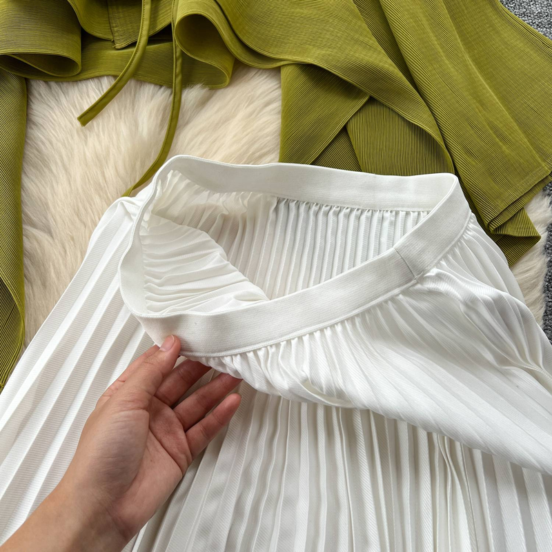 Ruffled Butterfly Sleeve Gradient Tie Cape Short Coat Top + Gradient Pleated Skirt Two-piece Suit_voghion.com
