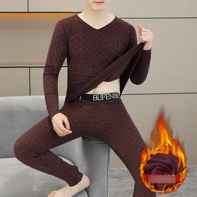 Conjunto de roupa íntima térmica masculina - Camisa e calça de manga comprida com forro de lã e decote em V, mistura de algodão, camada de base quente de inverno para jovens adultos_voghion.com