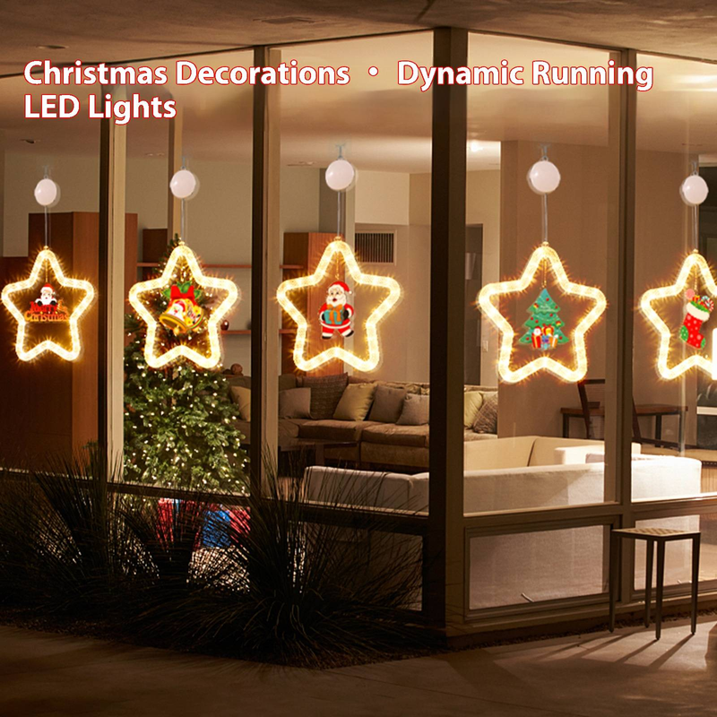 Guirnalda de luces LED navideñas con forma de estrella y ventosas: luces de estrella de 5 puntas para decorar ventanas y crear un ambiente festivo._voghion.com