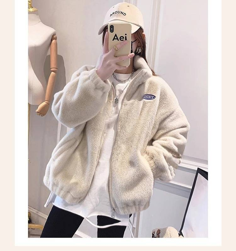 Kurze Kunstpelzjacke für Damen – Plüschiger Wintermantel mit Stehkragen und Reißverschluss (Pink/Apricot, S-XXL)_voghion.com
