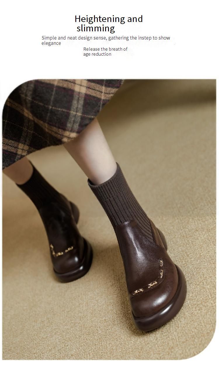 Cameido Damen-Stiefel aus Leder mit elastischem Strick und klobigem Absatz, kurze Stiefel im britischen Stil, Schlankheitsstiefel_voghion.com