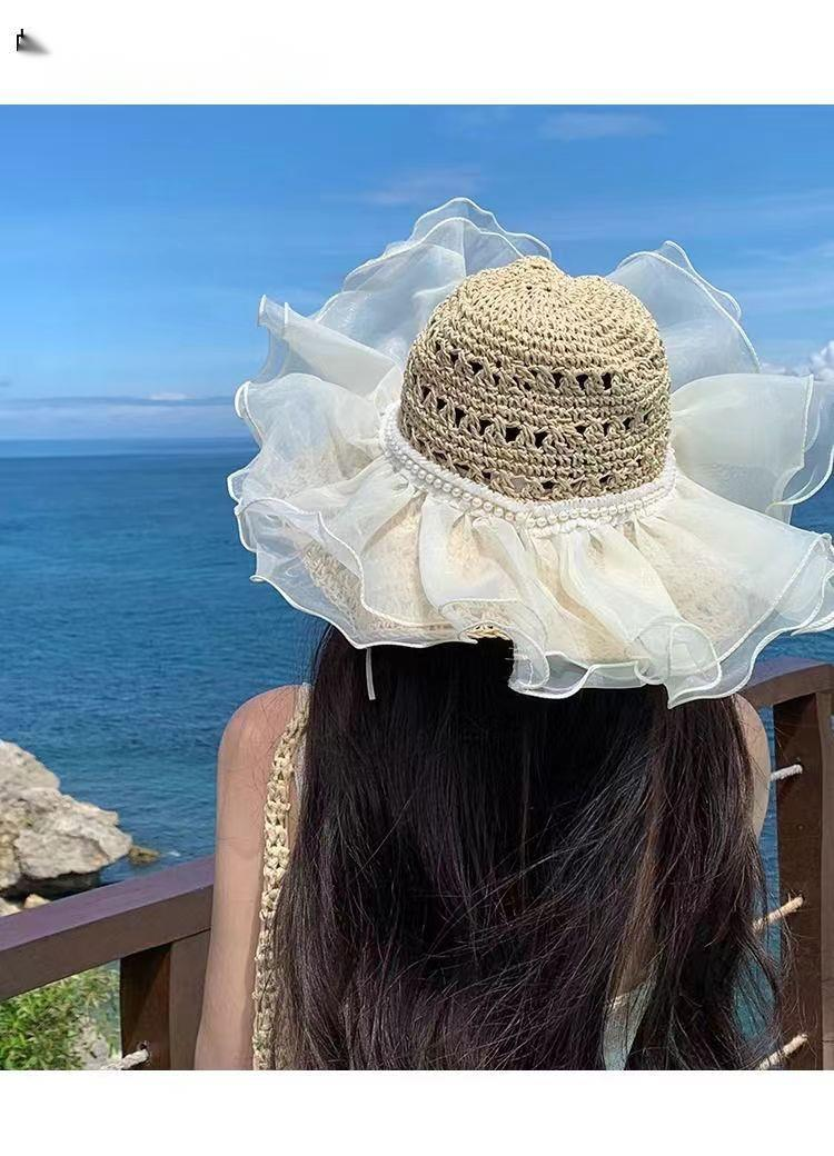 Cappello da sole a tesa larga pieghevole estivo in paglia con pizzo di perle francesi, stile primavera/estate, da donna_voghion.com
