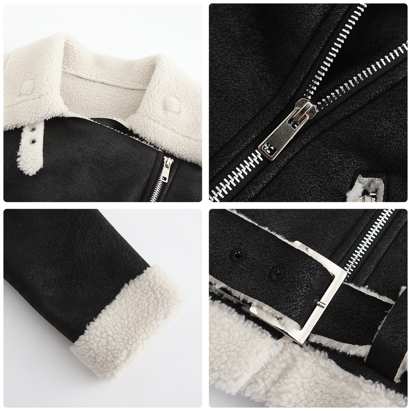Damenbekleidung Herbst und Winter Pelz Integrierte warme Wildlederjacke Ledermantel Gürtel Reversmantel_voghion.com
