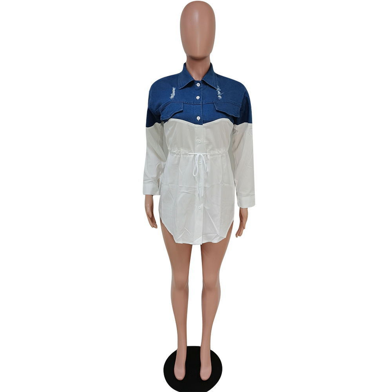 Moda femminile Camicia in denim alla moda con gonna slim fit allacciata_voghion.com