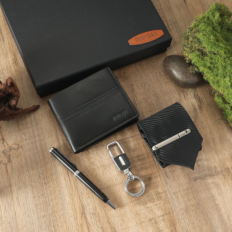 Men's Business Wallet Tie Ballpoint Pen + Keychain 4pcs/set Gift Box Set_voghion.com