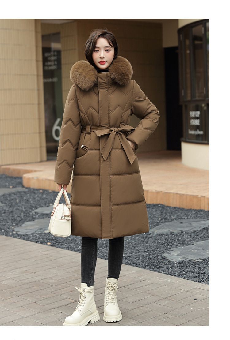 Women's Long Hooded Down Coat With Belt, Thickened Warm Winter Jacket, Fashionable Loose Fit Overcoat With Faux Fur Trim_voghion.com