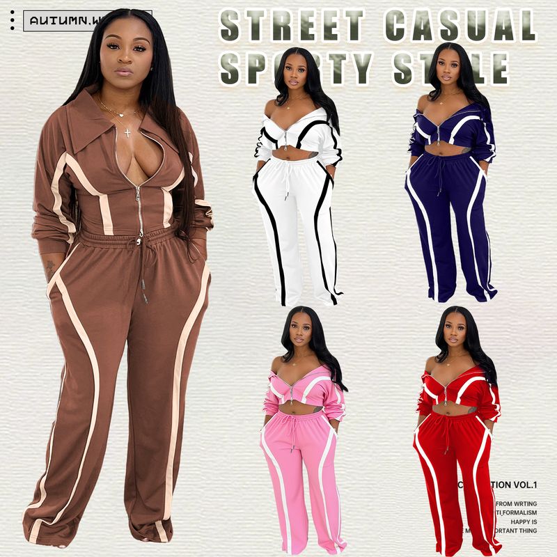 M3092 Completo sportivo da donna in due pezzi, stile casual, con cardigan a maniche lunghe, a contrasto di colore, autunno e inverno_voghion.com