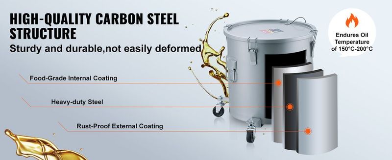 VEVOR Fryer Grease Bucket, 16 Gal Oil Disposal Caddy With Caster Base, Carbon Steel Rust-Proof Coating, Oil Transport Container With Lid, Lock Clips, Filter Bag For Hot Cooking Oil Filtering, Gray_voghion.com