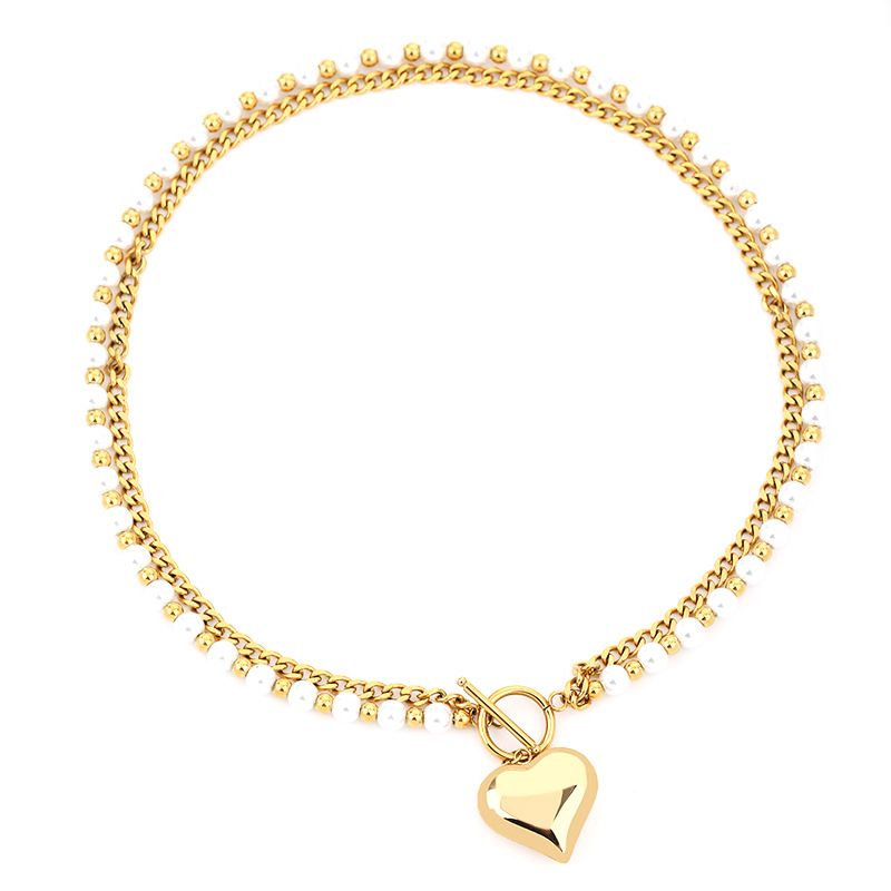 Gute New Trend Cuban Pearl Double Layer Necklace Bracelet Heart Ring Earrings Titanium Steel Non-Fading Set_voghion.com