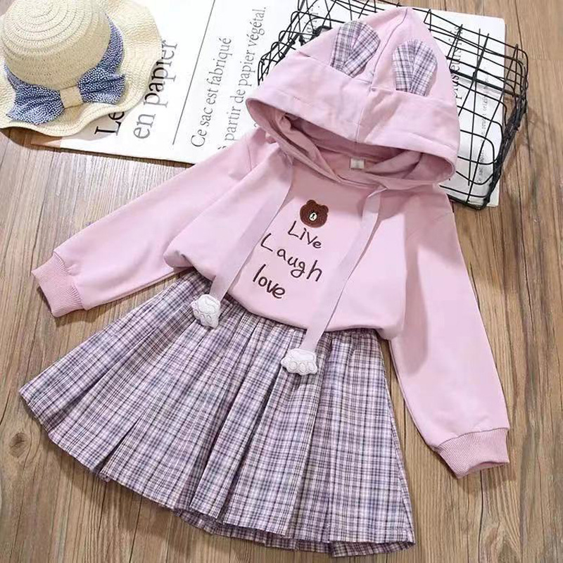 Abbigliamento per bambini, nuova felpa con cappuccio primavera e autunno per bambina ricamata a maniche lunghe, gonna a quadretti grande per bambini_voghion.com