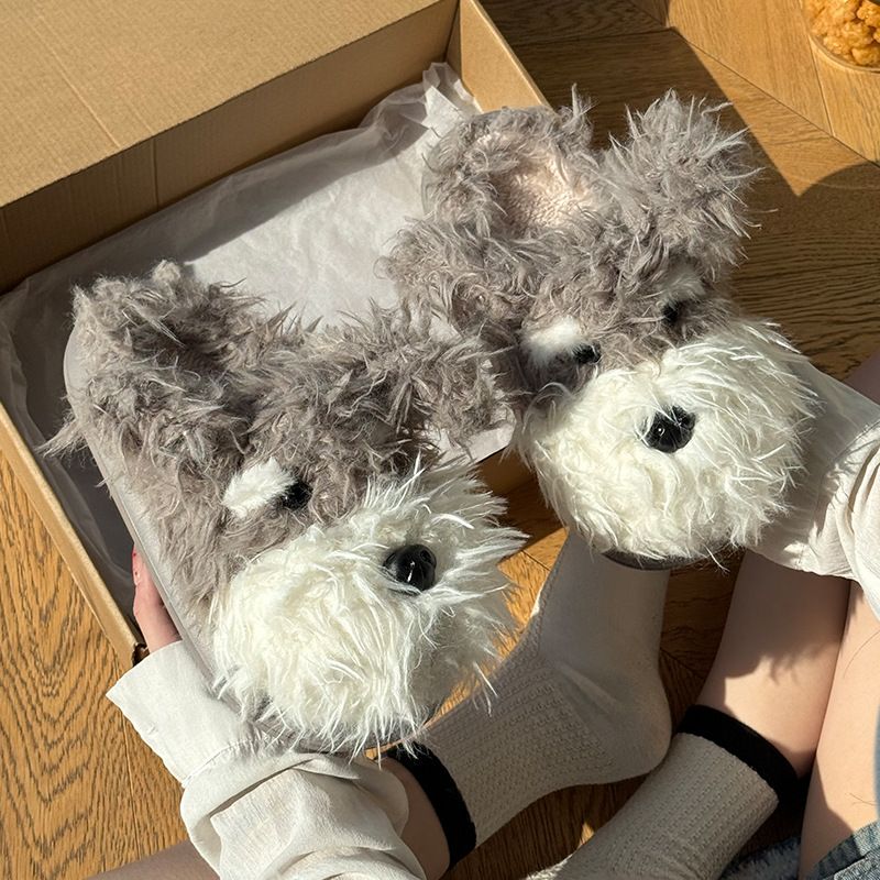 Pantofole autentiche in cotone con stampa di cani scarabocchiati, per ragazze, carine, da interno, per la casa, calde, con suola spessa e pelose._voghion.com