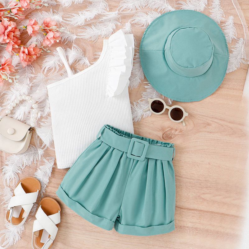 New Summer Girls' Set, Small Medium Children's Diagonal Shoulder Suspender with Flying Sleeves Top+Shorts and Hat Three_voghion.com
