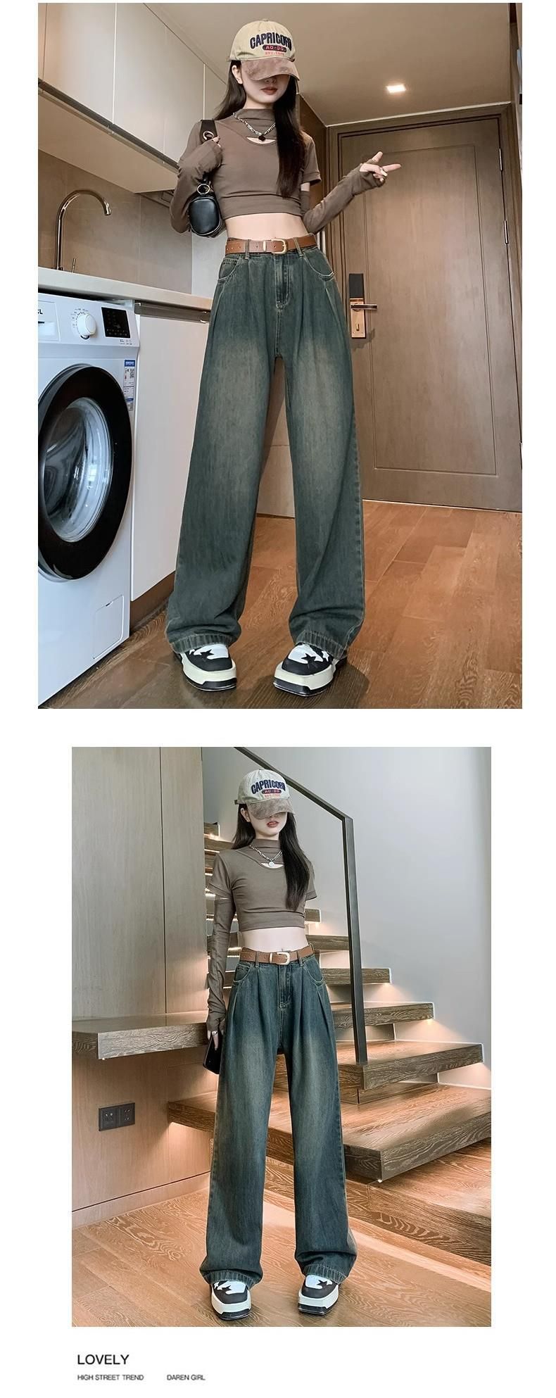 Zementgraue weite Jeans für Damen im Herbst, neue hoch taillierte amerikanische gerade Beinhose, lockere und vielseitige hängende Bodenhose_voghion.com