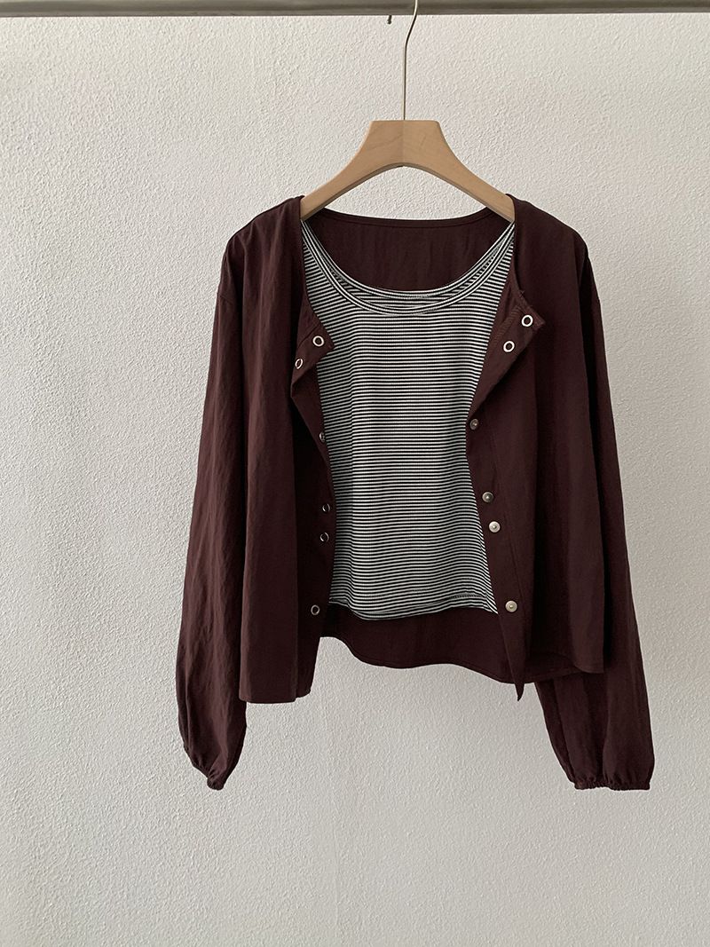 Omalai Autunno Nuovo Stile Coreano Casual Due Pezzi Set Gilet a Righe + Giacca Cardigan a Maniche Lunghe per Donna 4421_voghion.com