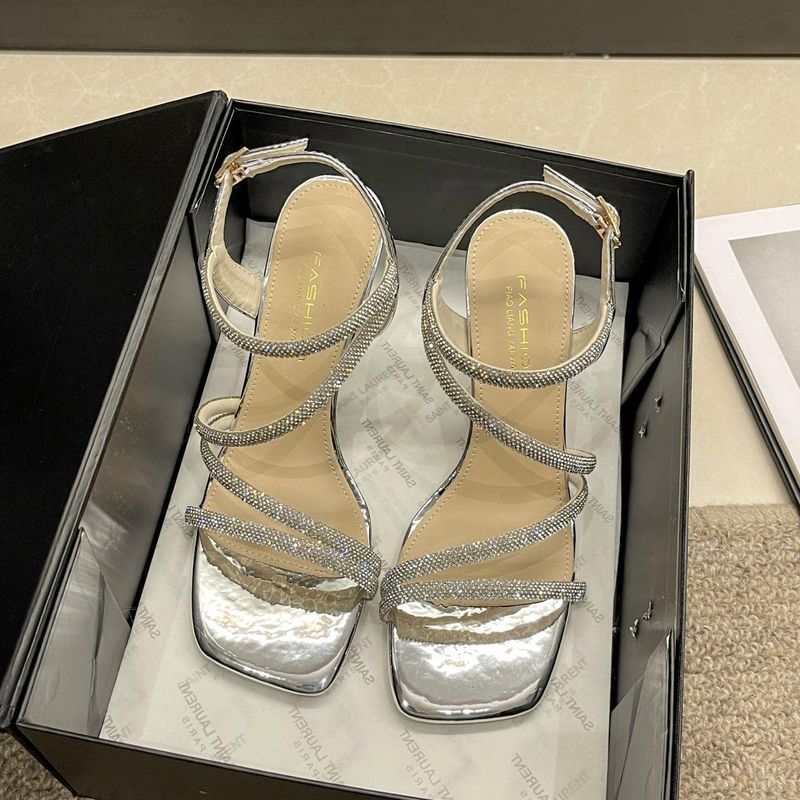 Authentic Stiletto Open Toe High Heels For Women 2025 Summer New Rhinestone Silver Versatile One-Strap Sandals_voghion.com