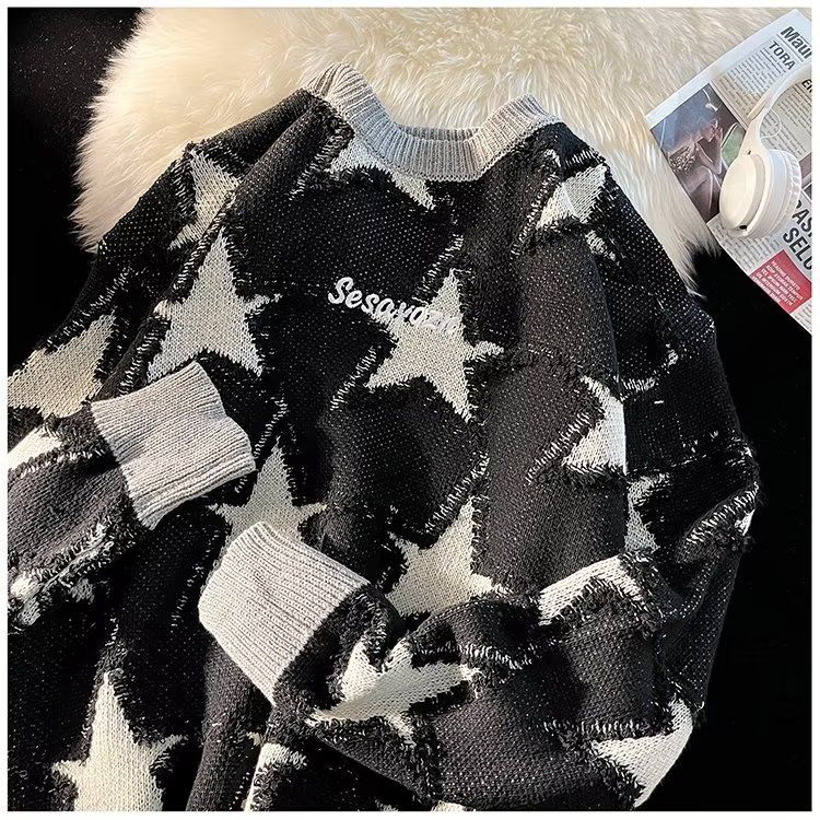 Herrenbekleidung Rundhals-Strickpullover mit Stern-Jacquard-Muster, Rundhals-Farbblock-Pullover, locker sitzendes Freizeitoberteil für Herbst und Winter_voghion.com