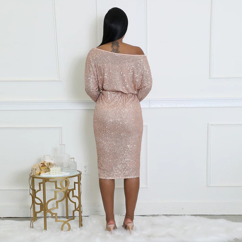 Schulterfreies Wickelkleid mit Pailletten – Glamour-Kleid mit langen Ärmeln (S–XXL, Stretch-Polyester, Smaragdgrün und Nude, für Feiertagspartys und Verabredungen am Abend)_voghion.com