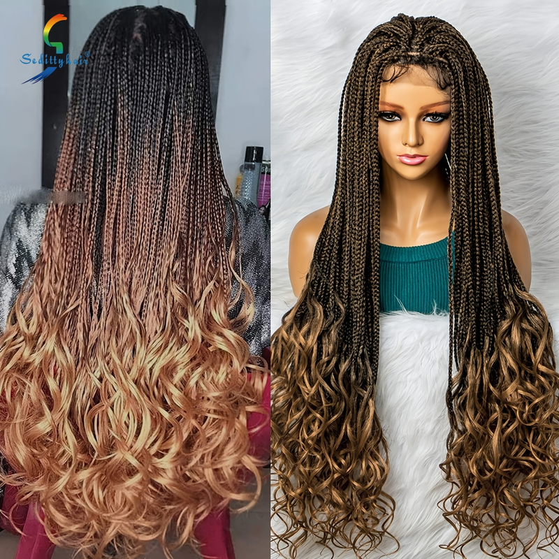 Braid Wig Small Braids With Curly Ends Long Afro Curly Wig Synthetic Wig Beginners Friendly Heat Resistant 13*3 Lace Wig 200% Density_voghion.com