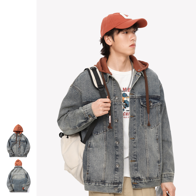 Abbigliamento maschile Primavera Nuovo Cappuccio Rimovibile Giacca di Jeans Personalità Casual Moda Marchio Giacca di Jeans Larga_voghion.com