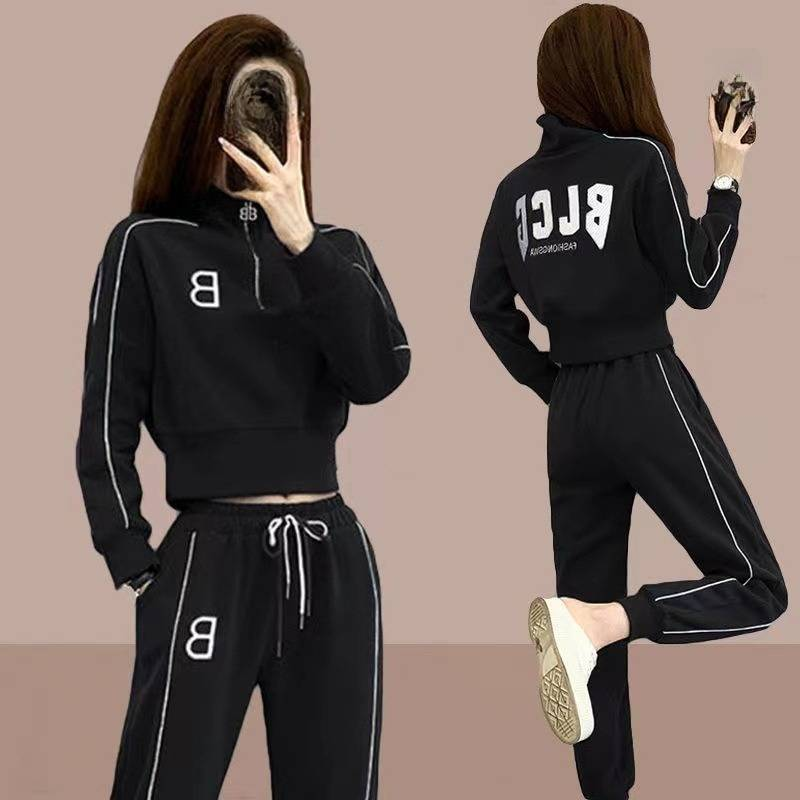 Completo da donna in maglia di grandi dimensioni, primavera e autunno, con ricamo a lettere, completo casual da studente, leggings, due pezzi_voghion.com