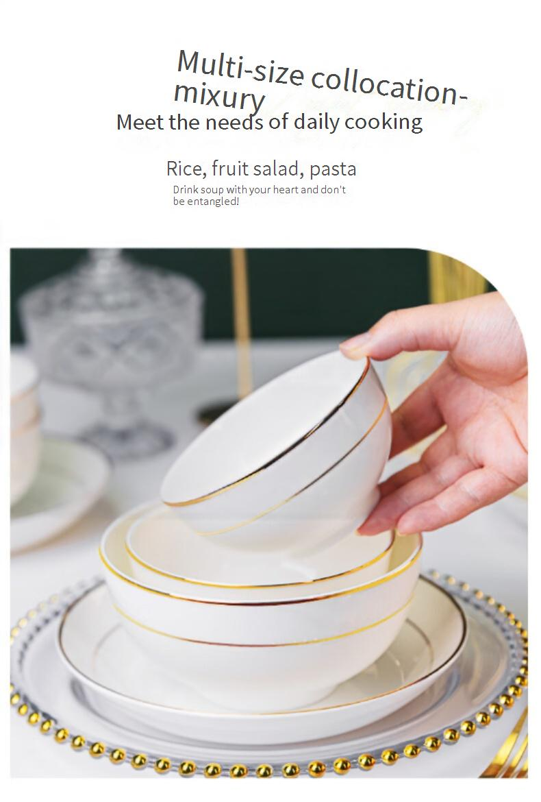 Hochwertiges Geschirrset aus Knochenporzellan – Moderne Schüsseln und Teller mit Goldbesatz, mikrowellengeeignet, elegantes Geschenk für Hochzeiten, Zuhause und Hotels_voghion.com