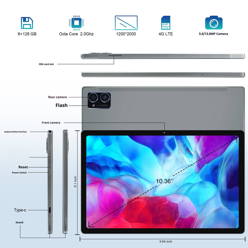 T50 10,36" 2K 4G Tablet – Octa-Core ARM, 6 GB RAM + 128 GB, Dual-SIM, GPS, 13-MP-Kamera, Metallgehäuse (Grau)_voghion.com