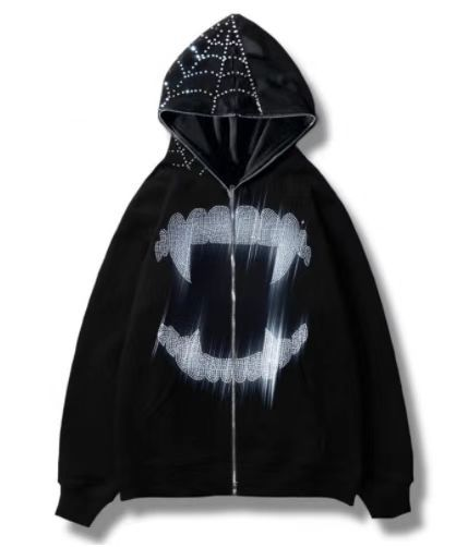 Felpa con cappuccio e strass con teschio gotico - Felpa oversize unisex con cerniera (nera, S-XXXXL) | Streetwear Harajuku con decorazioni in cristalli 3D_voghion.com