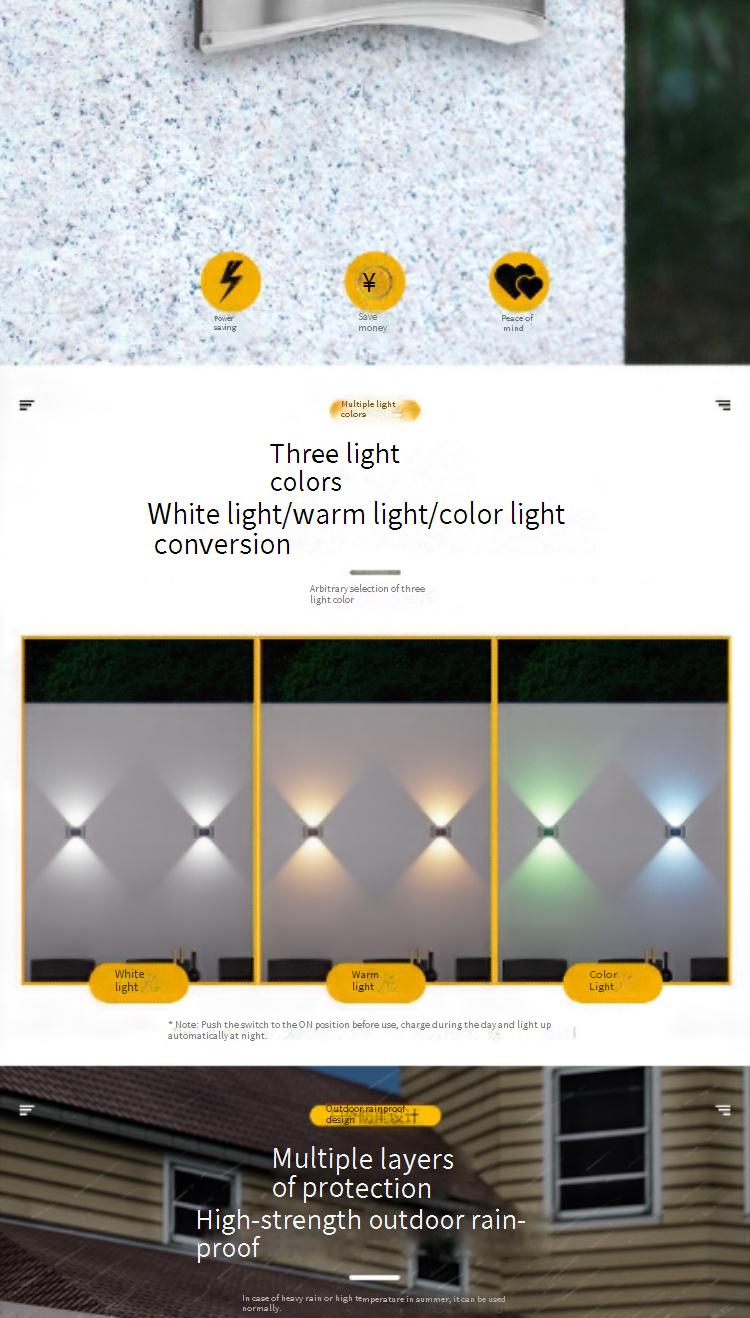Luminária de parede solar de aço inoxidável com 6 LEDs - Luminária de jardim externa à prova d'água para decoração de pátios, cercas e caminhos_voghion.com
