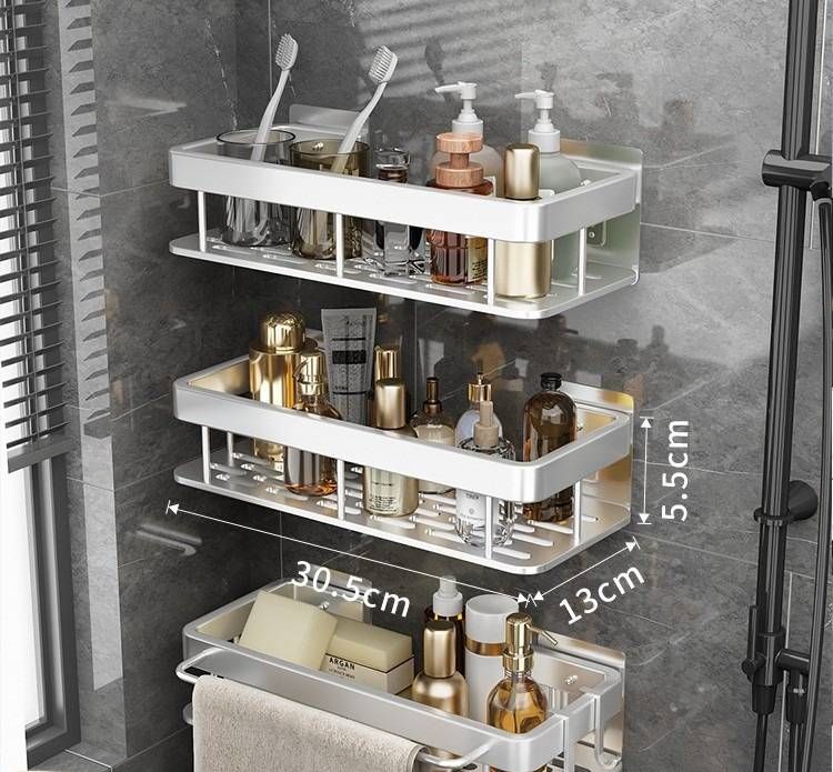Gunmetal Gray Square Bathroom Wall Shelf – Double Layer No Rod, Heavy-Duty Aluminum, No Drill Bathroom Organizer For Toiletries, Cosmetics_voghion.com