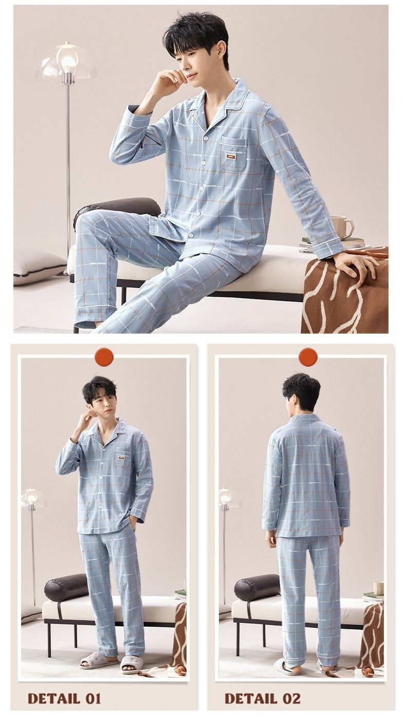 2025 Autumn/winter Thin Men's Loose Fit Plus Size Home Suit Set, Pure Cotton Long Sleeved Pants Pajama Set_voghion.com