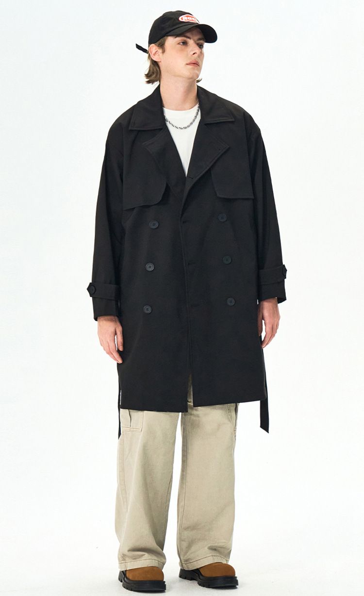 Men's Long Wool Coat With Double Breasted Design, Mid-length Overcoat With Hood And Belt, Slim Fit Casual Trench Jacket For Autumn And Winter_voghion.com