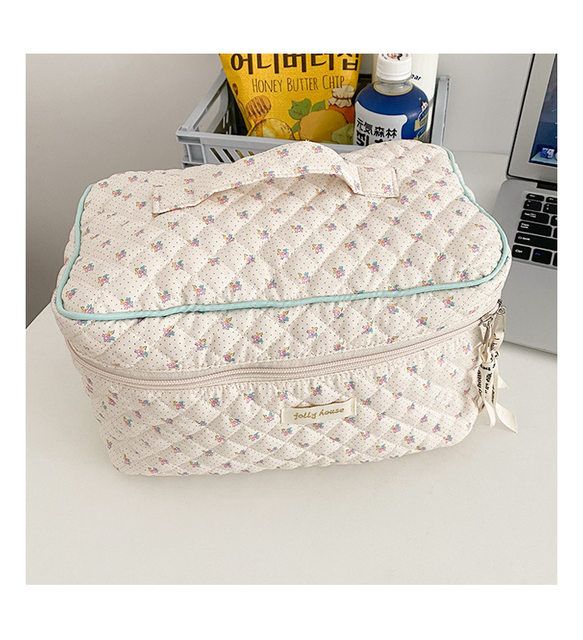 Niedliche Quilting Baumwolle Make-Up Tasche Frauen Reißverschluss Kosmetik Organizer Weibliche Tuch Handtasche Box Form Tragbarer Kulturbeutel Für Mädchen_voghion.com