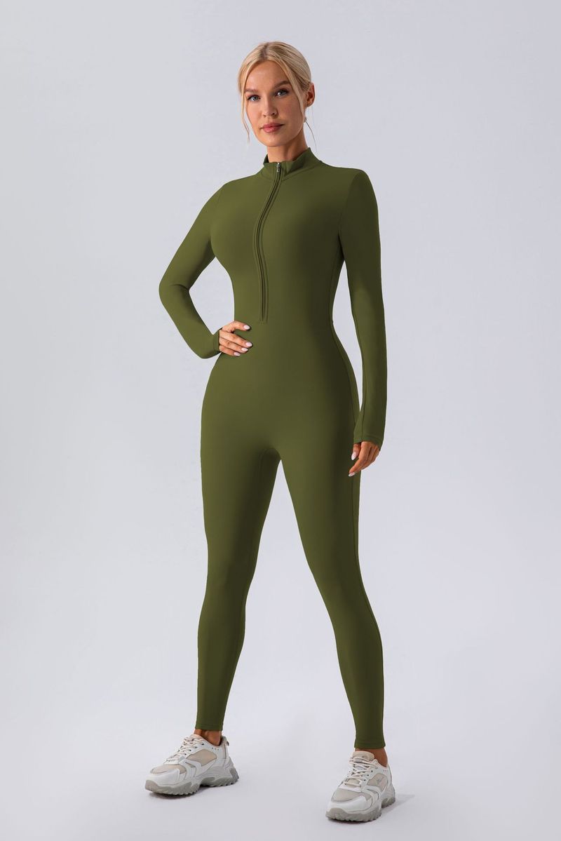 LazyZoom Zipper Bare Sensation Long Sleeve Yoga Jumpsuit For Women Sports Fitness Training Dance One-Piece Tight-Fitting Outfit_voghion.com